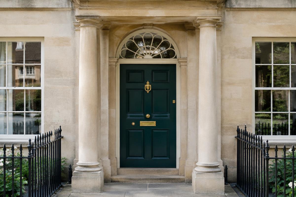 Restored Georgian timber front door with fanlight and Bath stone doorcase on a Georgian terrace in Bath