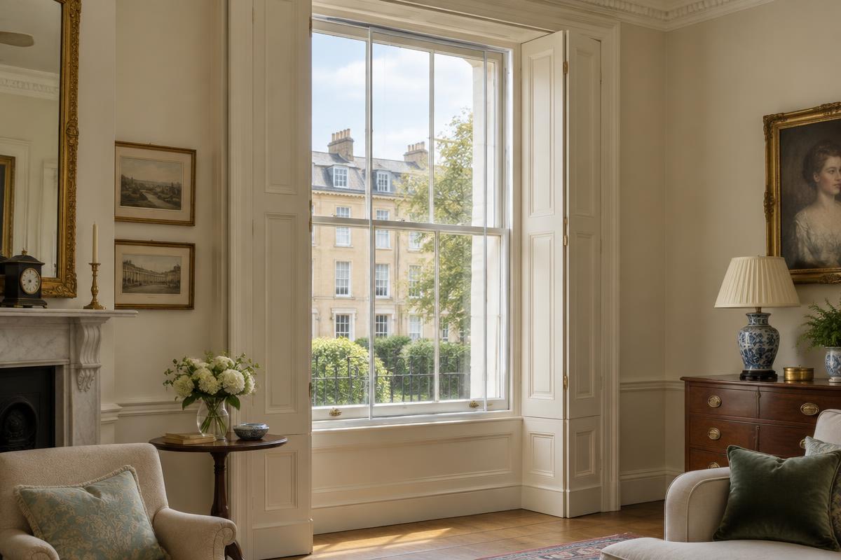 Slim white secondary glazing panel fitted inside an original Georgian sash window in a Bath Georgian townhouse