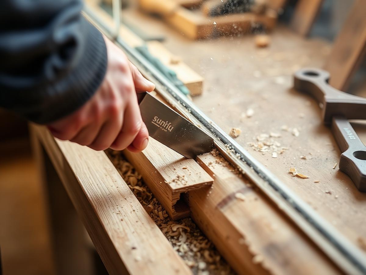 Joiner splicing new timber into a rotten sash window sill during a Bath period property restoration